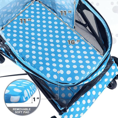 MoNiBloom 4 Wheels Pet Stroller, Easy-Fold Umbrella Shaped Dog Cat Jogger Stroller w/Storage Bag &amp; Visible Mesh for Small/Medium Dogs Cats Sky Blue Polka Dots