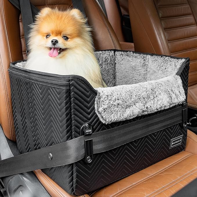 PETSFIT Small Dog Car Seat, Waterproof PU Leather Dog Carseat with Patent Safe Buckles, Clip-On Leash, Car Seat for Dogs, Cats Up to 25 lbs (Glossy Black)