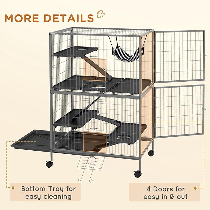 PawHut 50" 5-Tier Small Animal Cage, Ferret Cage, Large Chinchilla Cage with Hammock Accessory &amp; Heavy-Duty Steel Wire, Small Animal Habitat with 4 Doors, Removable Tray, Gray