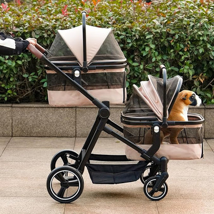 Foldable Double Pet Stroller for 2 Small Medium Cats Dogs, Lightweight Single and Double Integrated Pet Stroller with Detachable Carriers
