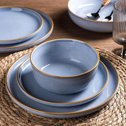 GBHOME Ceramic Dinnerware Sets for 6, 18 Pieces Stoneware Plates and Bowls Sets, Scratch Resistant Dish Sets for Dinner, Dishwasher &amp; Microwave Safe, Brunnera Blue