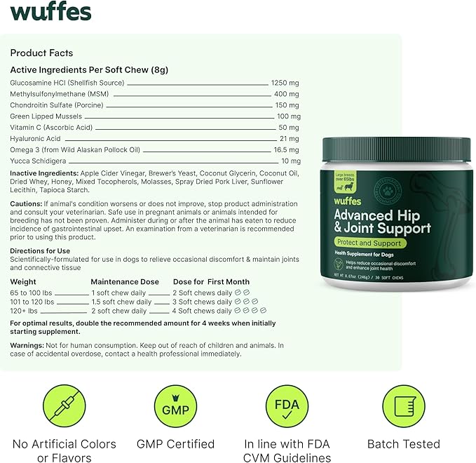 Wuffes Chewable Dog Hip &amp; Joint Supplement - Glucosamine &amp; Chondroitin Chews - Dog Joint Supplements &amp; Vitamins - Extended Joint Care (Large Breed (Over 65 lbs), 60 Chews (Pack of 2))