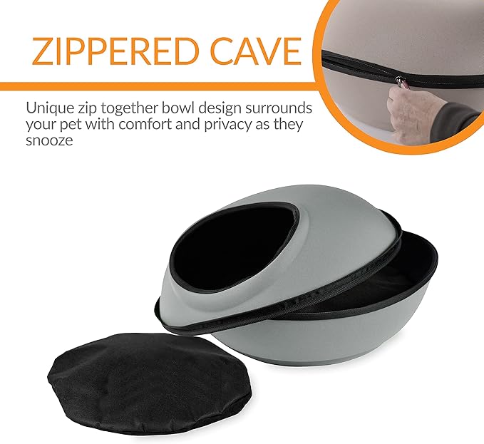 K&amp;H Pet Products Unheated Kitty Mod Dream Pod Cat Bed for Large Cats or Small Dogs, Indoor Covered Privacy Cave, Collapsible, Easy Clean Washable Cushion - Unheated Round 22in Gray/Black