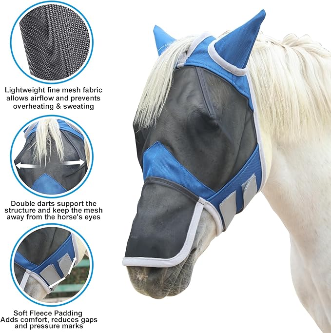 Horse Fly Mask with Ears &amp; Long Nose Cover | Forelock Opening for Tangle-Free Mane Care | UV Protection &amp; Breathable Mesh | No Rub Fit and Enhanced Visbility for Trail Riding RoyalBlue Pony
