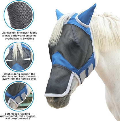 Horse Fly Mask with Ears &amp; Long Nose Cover | Forelock Opening for Tangle-Free Mane Care | UV Protection &amp; Breathable Mesh | No Rub Fit and Enhanced Visbility for Trail Riding RoyalBlue Pony