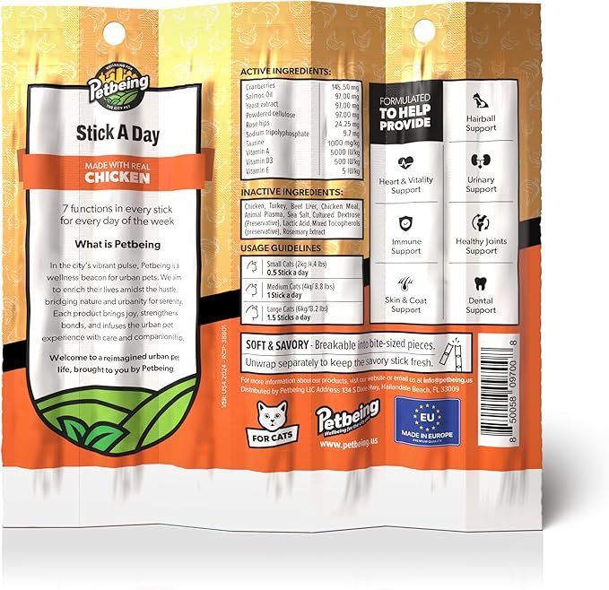 Stick a Day | Specially Formulated 7-in-1 Functions Daily Real Meat Supplement for Cats | Cat Chew Stick &amp; Pet Vitamins Supplements Combination (7-Pack x 4, Chicken)