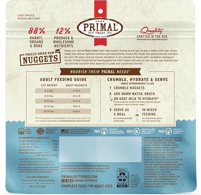 Primal Freeze Dried Raw Cat Food Nuggets Rabbit, Complete &amp; Balanced Meal or Topper, Premium, Healthy, Grain Free, High Protein Raw Cat Food with Probiotics (5.5 oz)