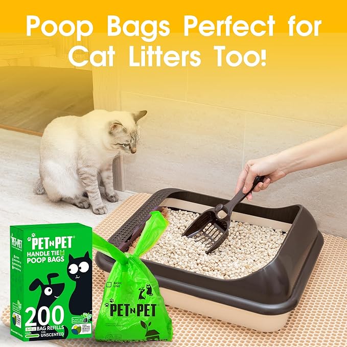 Pet N Pet 200 Counts Unscented Dog Poop Bags Rolls with Tie Handles, 38% Plant Based &amp; 62% PE Poop Bags for Dogs, Extra-Thick Doggie Poo Bag, Pet Waste Bag