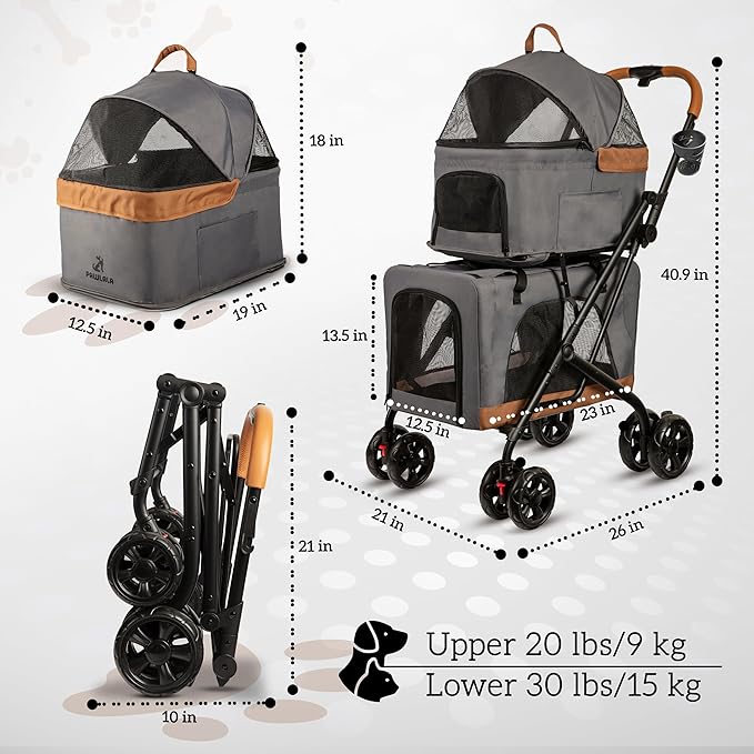 Double Pet Stroller with Detachable Carriers - Ideal for 2 Dogs or Cats - Compact &amp; Convenient Design - Easy Assembly Double Dog Stroller - Graphite Gray