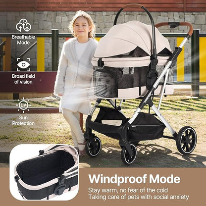 T6 Luxury Pet Stroller for Medium Dogs Up to 66lbs or 2 Small Pets – 3-in-1 Dog &amp; Cat Stroller with Removable Carrier, Foldable &amp; Lightweight (Beige &amp; Net Wall)