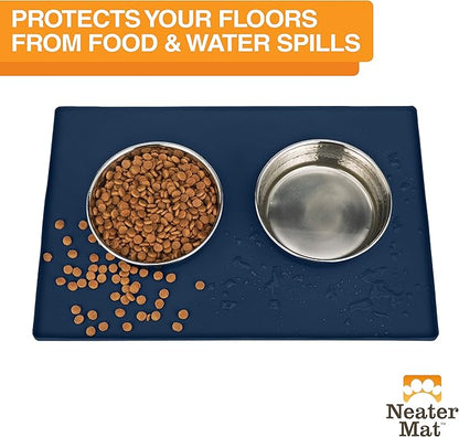 Neater Pet Brands Neater Mat Pet Mats for Food and Water, Cat &amp; Dog Bowl Mat Waterproof Silicone, Feeding Tray, Dog Food Mats for Floors, Placemat w/Raised Edge for Under Bowls, 32" x 24", Dark Blue