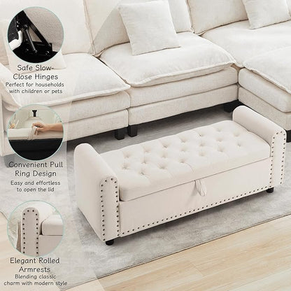 Ottoman with Storage, Tufted Storage Bench for Bedroom, 48" Fabrics End of Bed Bench, Upholstered Entryway Shoe Benches with Rolled Arm &amp; Inner Zipper, Window Ottomans Chest with Rivets, Beige