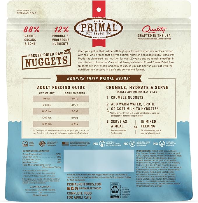 Primal Freeze Dried Raw Cat Food Nuggets Rabbit, Complete &amp; Balanced Meal or Topper, Premium, Healthy, Grain Free, High Protein Raw Cat Food with Probiotics (14 oz)