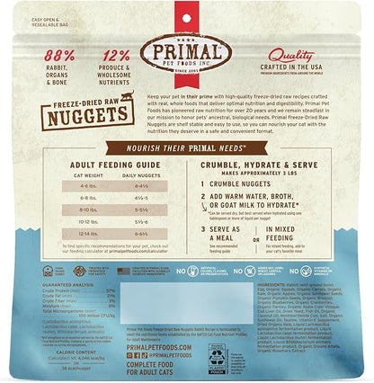 Primal Freeze Dried Raw Cat Food Nuggets Rabbit, Complete &amp; Balanced Meal or Topper, Premium, Healthy, Grain Free, High Protein Raw Cat Food with Probiotics (14 oz)