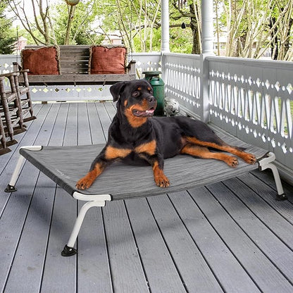 Veehoo Elevated Dog Bed for Outdoor, Cooling Waterproof Raised Dog Cots Beds XL, Curved Off Ground Pet Hammock Cot Lifted for Outside, up to 150lbs, White Legs, Black Silver 49"