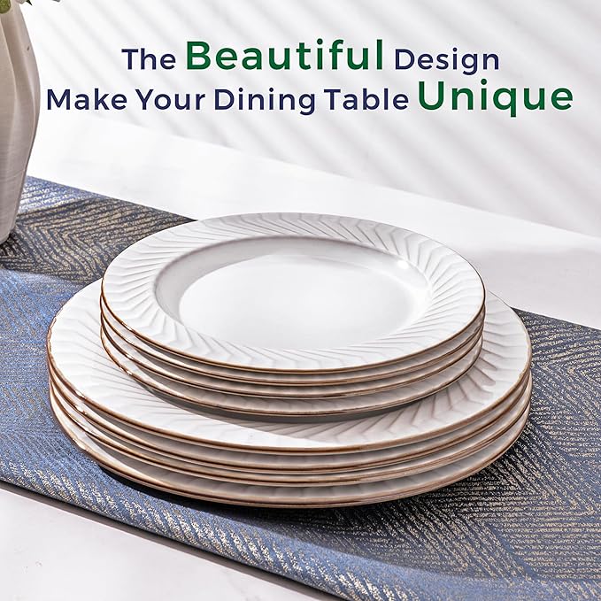 GBHOME Ceramic Dinnerware Sets,12 pcs Embossed Elegant Stoneware Plates and Bowls Sets, Housewarming Wedding Gift | Dishwasher &amp; Microwave Safe | Dishes Set Service for 4