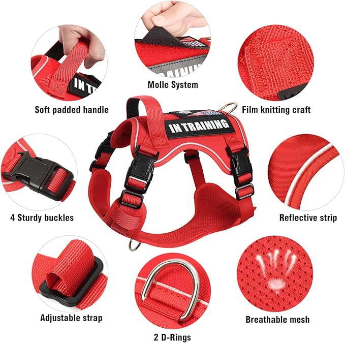 WINSEE Service Dog in Training Harness with 5 PCS Patches, Reflective Tactical Dog Vest Harness, Adjustable Soft Oxford Pet Harness with Easy Control Handle, Hook &amp; Loop Panels for Walking Hiking