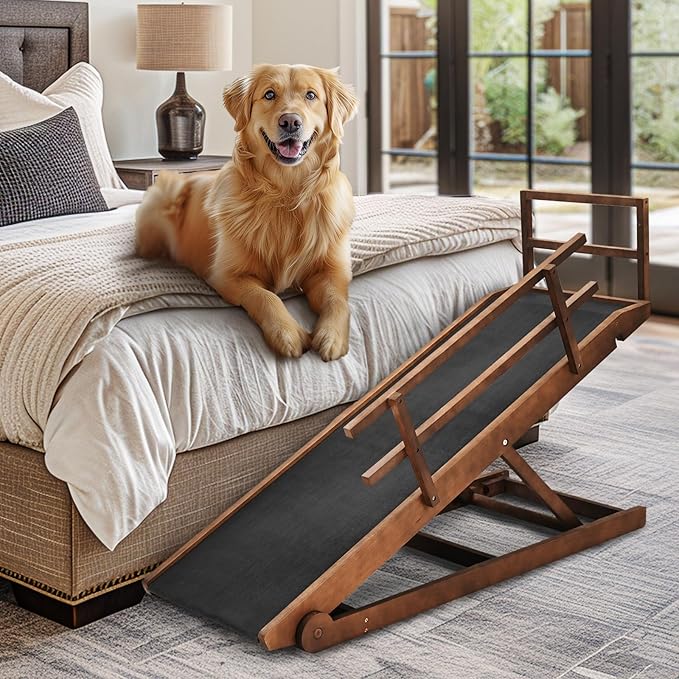 Dog Ramp, 5 Level Adjustable Wooden Folding Pet Ramp for Middle Bed, Couch,SUV-High Traction, Portable Paw Ramps for Small &amp; Large Old Dogs &amp; Cats - Furniture Quality