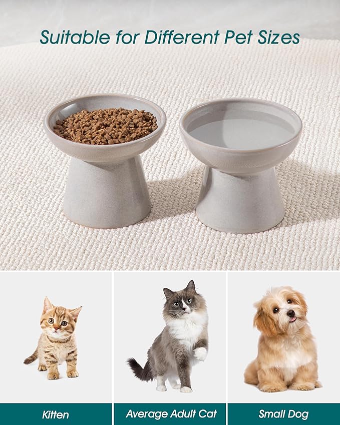 vancasso Ceramic Elevated Cat Bowls 2-Pack - 6.2" Extra Wide Raised Cat Food &amp; Water Dishes, 5.1" Optimal Height Anti-Whisker Fatigue Shallow Bowls for Cats/Kittens/Dogs, Lead &amp; Cadmium Free (Grey)