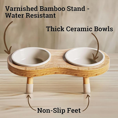 Elevated Cat Bowls - Set of 2 Ceramic Pet Food Bowls with Anti-Slip Bamboo Stand - 15 Degree Titled - Raised Dog Bowl for Small Dogs - Raised Cat Bowl Stand - Pet Feeding Station for Cats &amp; Small Dogs