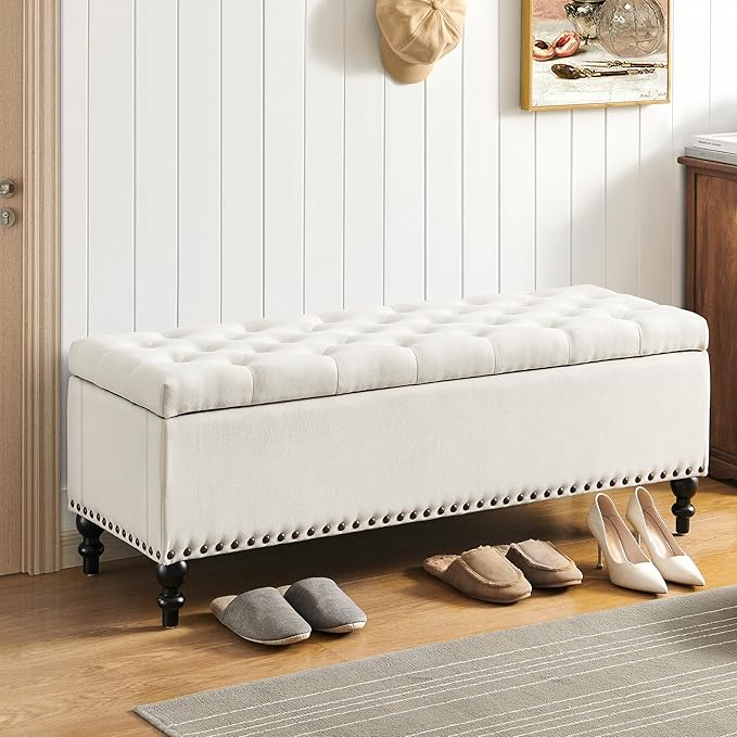 Ottoman with Storage,50.2-inch Upholstered End of Bed Storage Bench for Bedroom,for The Living Room,for Entryway, with Rivets &amp; Button and Safety Hinges,Detachable (White)