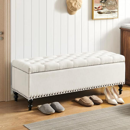 Ottoman with Storage,50.2-inch Upholstered End of Bed Storage Bench for Bedroom,for The Living Room,for Entryway, with Rivets &amp; Button and Safety Hinges,Detachable (White)