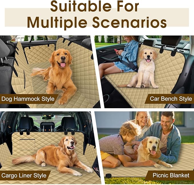 Waterproof Dog Car Seat Cover for Back Seat - Durable, Scratch Proof Pet Hammock with Nonslip Design &amp; Storage Pockets, Fits Cars, SUVs, Trucks - L, Khaki/Black