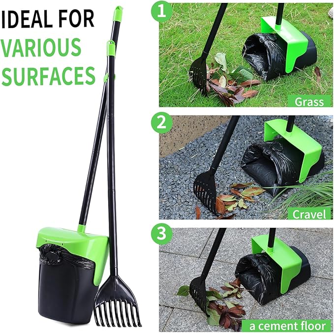 Pooper Scooper Large Swivel Bin &amp; Rake with 160 Waste Bags,Heavy Duty Dog Pooper Scooper with Bag Attachment for Large Small Dogs, Long Handle Poop Scooper with Lid for Yard, Grass, Gravel (Green)