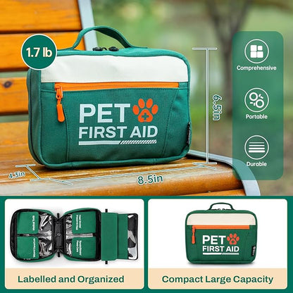 RHINO RESCUE Pet First Aid Kit, Emergency Medical Supplies for Dogs &amp; Cats, Safety Essentials Pack with Thermometer, Disposable Booties for Home, Hiking, Traveling &amp; Camping