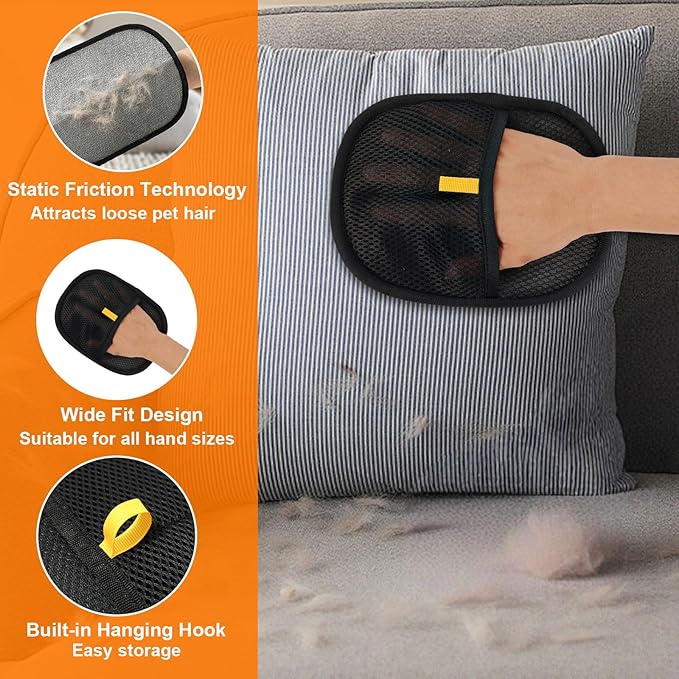 2 Pcs Pet Hair Removal Gloves，Electrostatic Pet Hair Remover,Reusable Cat &amp; Dog Hair Remover for Couch, Furniture, Bed (Black)