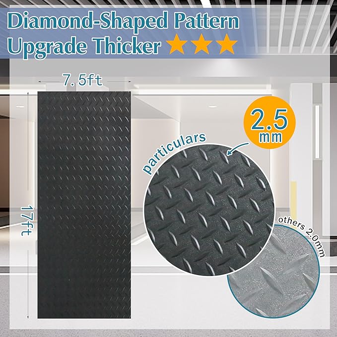 7.5 x 17 FT Garage Floor Mat,2.5 mm Thickness Diamond PVC Garage Flooring Roll, Anti-Slip Shop Floor &amp; Parking mats for Workshop,Gym,Golf Cart Parking or Trailers