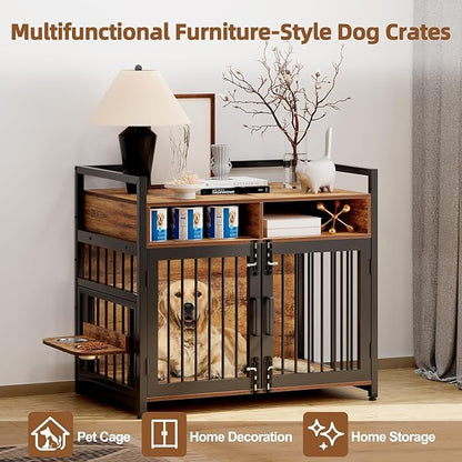 Large Dog Crate Furniture, 41 Inch Wooden Dog Crate, Heavy Duty Dogs Kennel with 2 Drawers Storage, 360° Adjustable Raised Feeder, Indoor Dogs House End Table