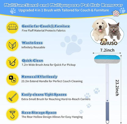 Pet Hair Remover for Furniture – 23.2Inch Reusable Dog &amp; Cat Hair Removal Brush, Washable Lint Cleaner with Long Handle, 4-in-1 Pet Hair Remover for Couch, Carpet, Clothes &amp; Bedding