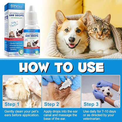 Dog &amp; Cat Ear Infection Treatment Drops, Pets Ear Cleaning Drops with 1% Hydrocortisone for Dog &amp; Cats Yeast Infection, Itchy Ear Relief, Pet Ear Care Supplies for Dogs &amp; Cats -2fl oz