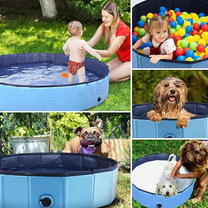 Foldable Dog Bath Swimming Pool Plastic Kiddie Pool Professional Tub Collapsible Grooming Bathtub for Pets Kids Baby and Toddler, 39.5 x 12 Inches Blue