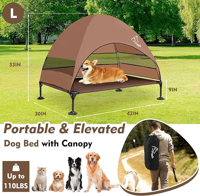 Upgraded Elevated Dog Bed with Canopy, Portable Raised Outdoor Dog Bed with Stable Anti-Slip Feet, Raised Wider Shade Pet Bed Cot for Large Dogs Camping, Indoor &amp; Outdoor Use