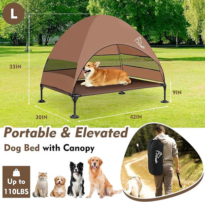 Upgraded Elevated Dog Bed with Canopy, Portable Raised Outdoor Dog Bed with Stable Anti-Slip Feet, Raised Wider Shade Pet Bed Cot for Large Dogs Camping, Indoor &amp; Outdoor Use