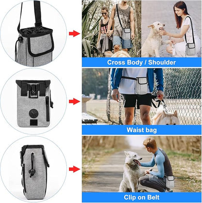 Airline Approved Dog Travel Bag with 2 Dog Treat Training Pouches, Tote Organizer for Weekend Pet Travel Supplies &amp; Accessories, 2 Collapsible Bowls, 2 Food Container (Grey)