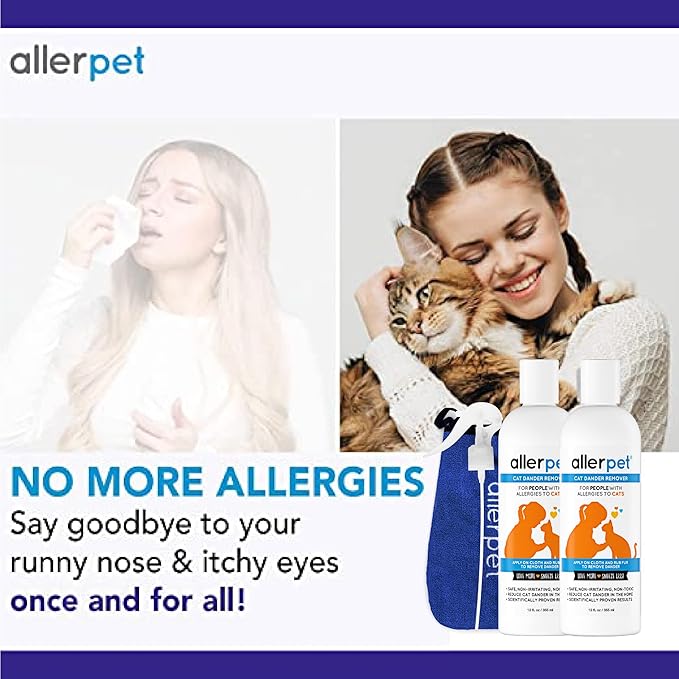 Allerpet Cat Dander Remover w/Free Applicator Mitt &amp; Sprayer - Effective Cat Dander Reduction - Anti Allergen Solution Made in USA - 2 Pack (12oz)