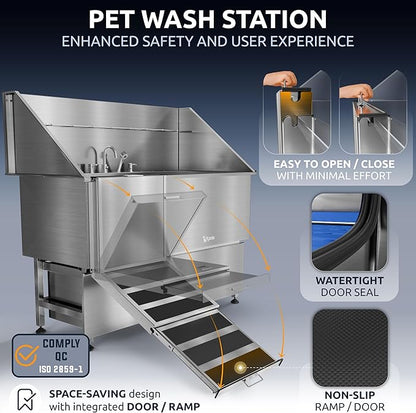 KANIS Professional Dog Washing Station - 304 Stainless Steel Pet Wash Sink &amp; Grooming Bath Tub for Home with Ramp, Shower, Floor Grate, Storage Drawers, and Faucet for Large, Medium &amp; Small Pets