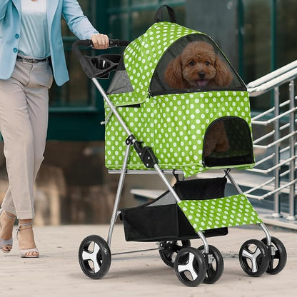 Magshion Foldable Pet Stroller, 3-in-1 Dog Travel Jogger with Detachable Carrier, Cup Holder, Storage Basket, Folding Carrier for Small/Medium Dogs &amp; Cats Up to 33 lbs, Lawn Green Polka Dots