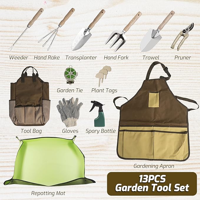 13-Piece Garden Tools Set with Tote Bag &amp; Apron, Repotting Mat - Stainless Steel Heavy Duty Planting Kit, Ergonomic Non-Slip Handles - Gardening Gift for Women, Mom, Home Gardeners