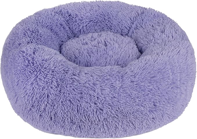Best Pet Supplies Round Donut Dog Bed with Plush Faux Fur Fabric, Calming, Anti-Anxiety Cushion for Indoor Pets, Slip-Resistant Base, Soft Ergonomic Support - Lavender, 24x24x7&