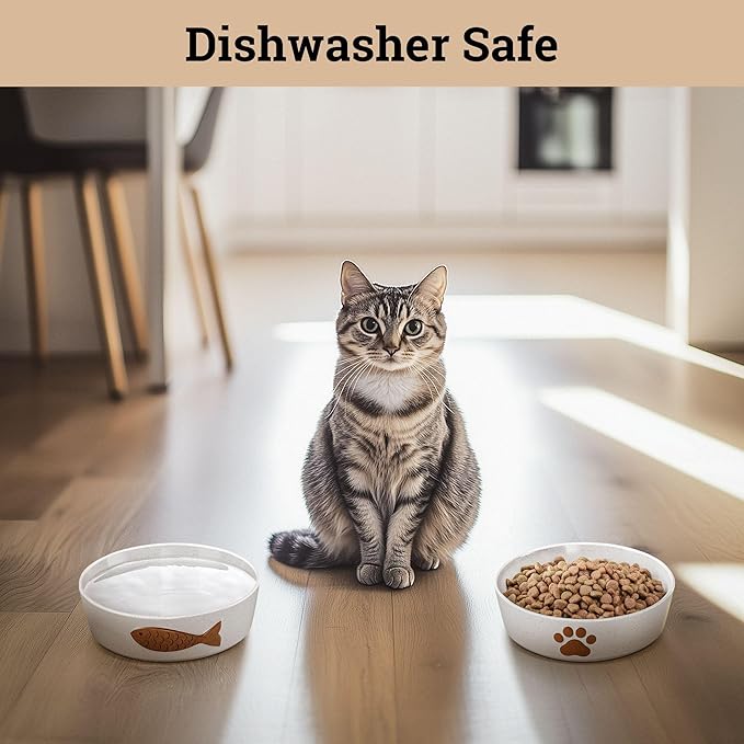Ceramic Cat Bowls Whisker Friendly - Ceramic Cat Bowl Set of 2 Cute Designs with Anti-Slip Bases - Dishwasher &amp; Microwave Safe Food and Water Bowls for Cats - Dishes for Cats - Kitten Food Bowl Set