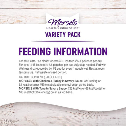 Wellness Healthy Indulgence Morsels Adult Wet Cat Food, Natural, Protein-Rich, Grain-Free, 3 Ounce Pouch, 8 Pack, (Morsels Variety Pack)