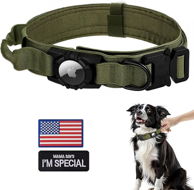 Tactical AirTag Dog Collar - Heavy Duty, Adjustable GPS Collar Compatible with Apple AirTag, with Holder &amp; Control Handle for Medium/Large Dogs [ Green, L ]
