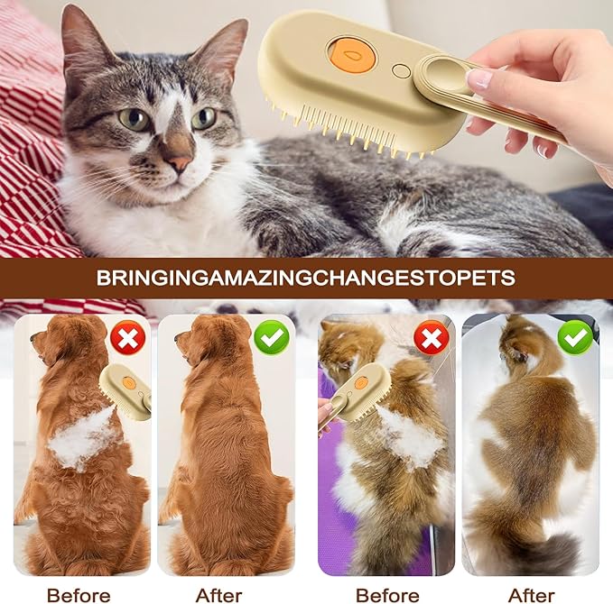 Cat Steam Brush for Shedding, 2025 New 4 in 1 Rechargeable Steam Pet Brushes for Cats &amp; Dogs, Indoor Anti-static Pets Brush for Massage, Cleaning, Shedding &amp; Combing Hair (Beige)