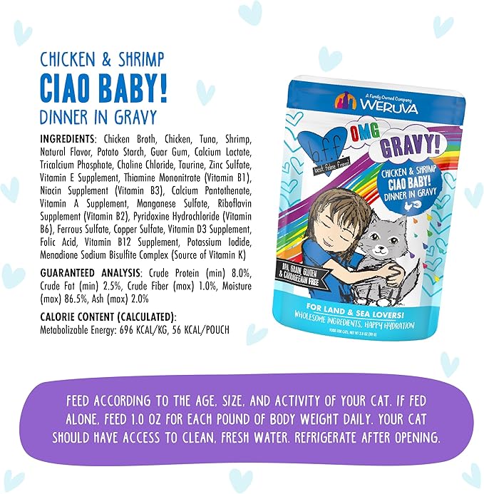 Weruva B.F.F. OMG - Best Feline Friend Oh My Gravy!, Ciao Baby! with Chicken &amp; Shrimp in Gravy Cat Food, 2.8oz Pouch (Pack of 12)