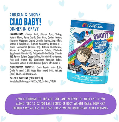 Weruva B.F.F. OMG - Best Feline Friend Oh My Gravy!, Ciao Baby! with Chicken &amp; Shrimp in Gravy Cat Food, 2.8oz Pouch (Pack of 12)