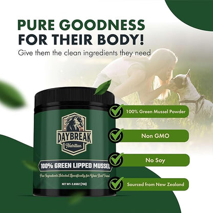 Pure Green Lipped Mussel Powder for Dogs and Cats - 100% New Zealand Green Lipped Mussels - Anti Inflammatory Supplement &amp; Vitamins to Help Your Pet Deal with Arthritis, Joint Pain Relief - 75 Grams